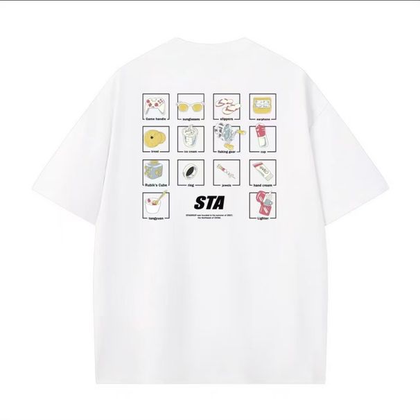 【DORAE】2026 Men's T-shirt Made Of Cotton (100% Cotton) Black ("STA" Life Item Icon Grid Print) – Streetwear For Urban Commute_viptrois.com