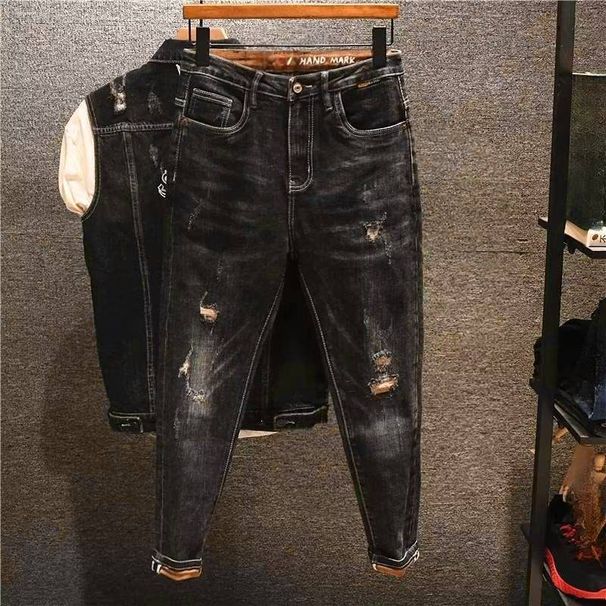 Men's Clothing Autumn Skinny Jeans Men's Black Nine Point Pants Ripped Patches Retro Trendy Men's Pants Casual Ins_viptrois.com