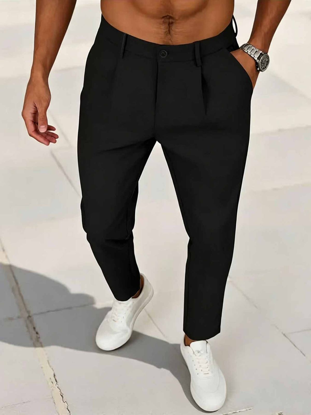 Summer Men's Slim Fit Cropped Casual Pants Solid Color Business Style Slim Straight Leg Dress Pants Trendy Versatile_viptrois.com