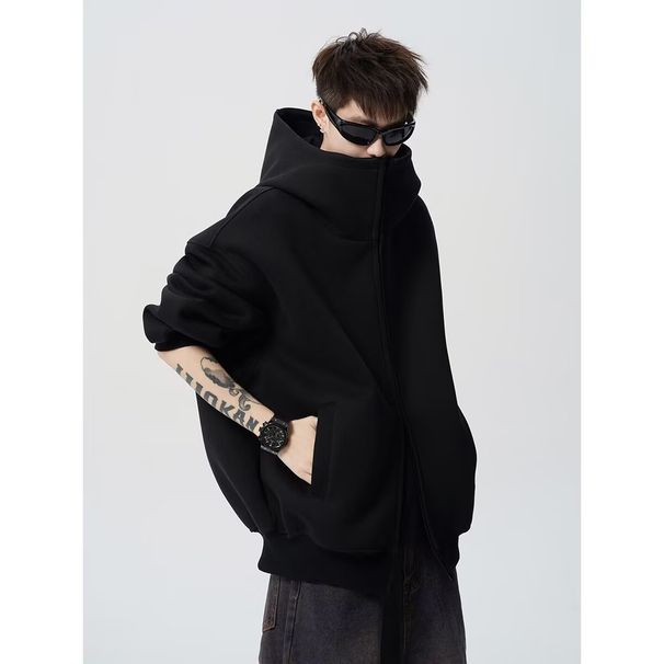 Oversized Zip-Up Hoodie – Heavyweight Poly-Cotton Blend Streetwear Jacket With Stand Collar & Utility Pockets (M-3XL, Grey/Black)_viptrois.com