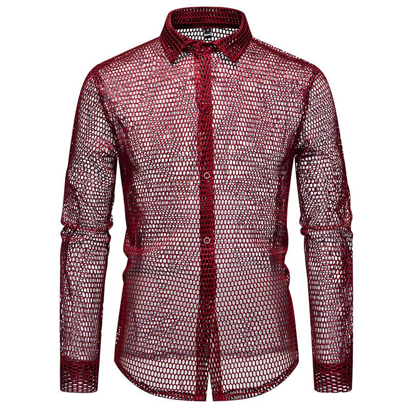 Men's Clothing New Products Men's Hollow Nightclub Long Sleeve Shirt Large Size Shirt Performance Costume_viptrois.com