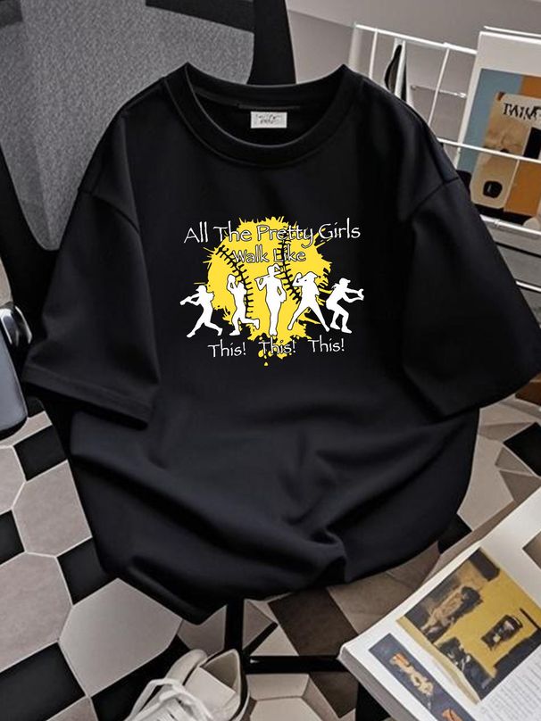 Womens All The Pretty Girls Walk Like This Softball Baseball Black T-Shirt Top For Everyday Wear Homme Streetwear Comfortable Designer Clothes_viptrois.com