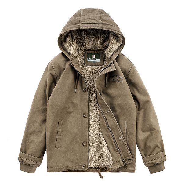 Autumn And Winter Coat Men's Outdoor Casual Windproof Hooded Top Loose Cross-border Fleece Thickened Tooling Jacket Men_viptrois.com