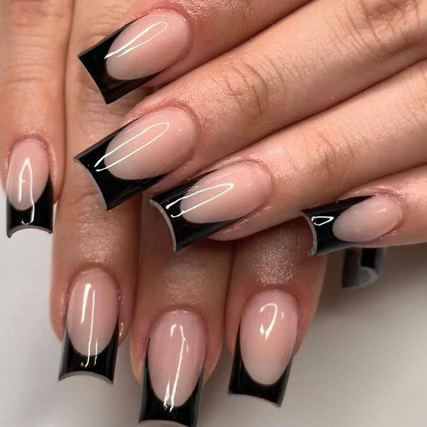 Short bright black French square armor fresh fashion wear nail pieces European and American foreign trade ins detachable 24 pieces_viptrois.com