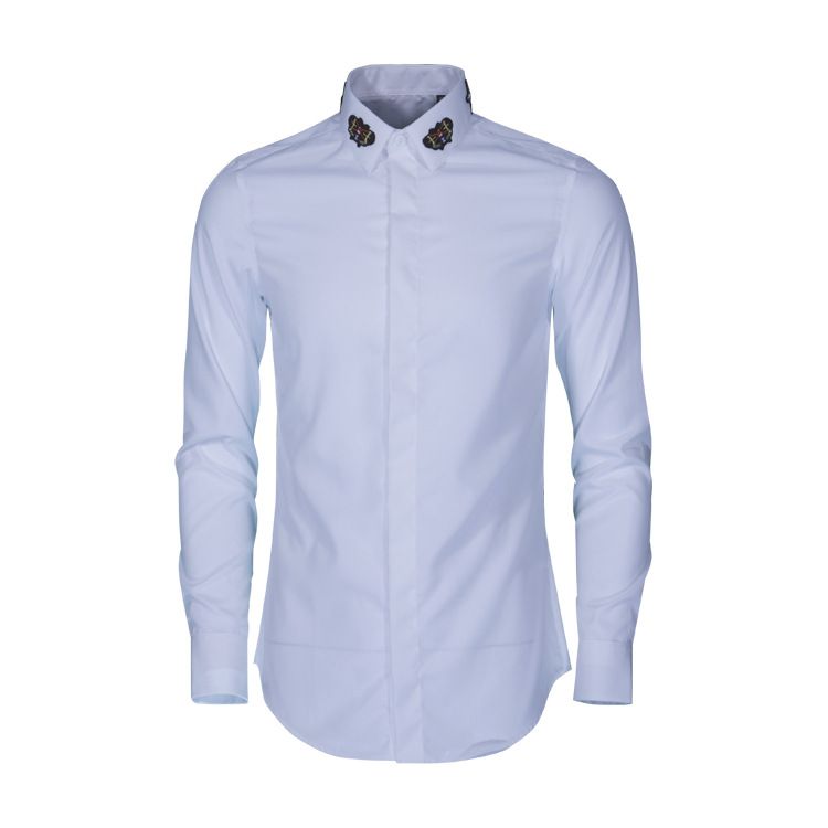 Men's Long Sleeved Cotton Blend Shirt With Colorful Bee Logo Black White Striped Casual Business Style Regular Fit Single Breasted_viptrois.com
