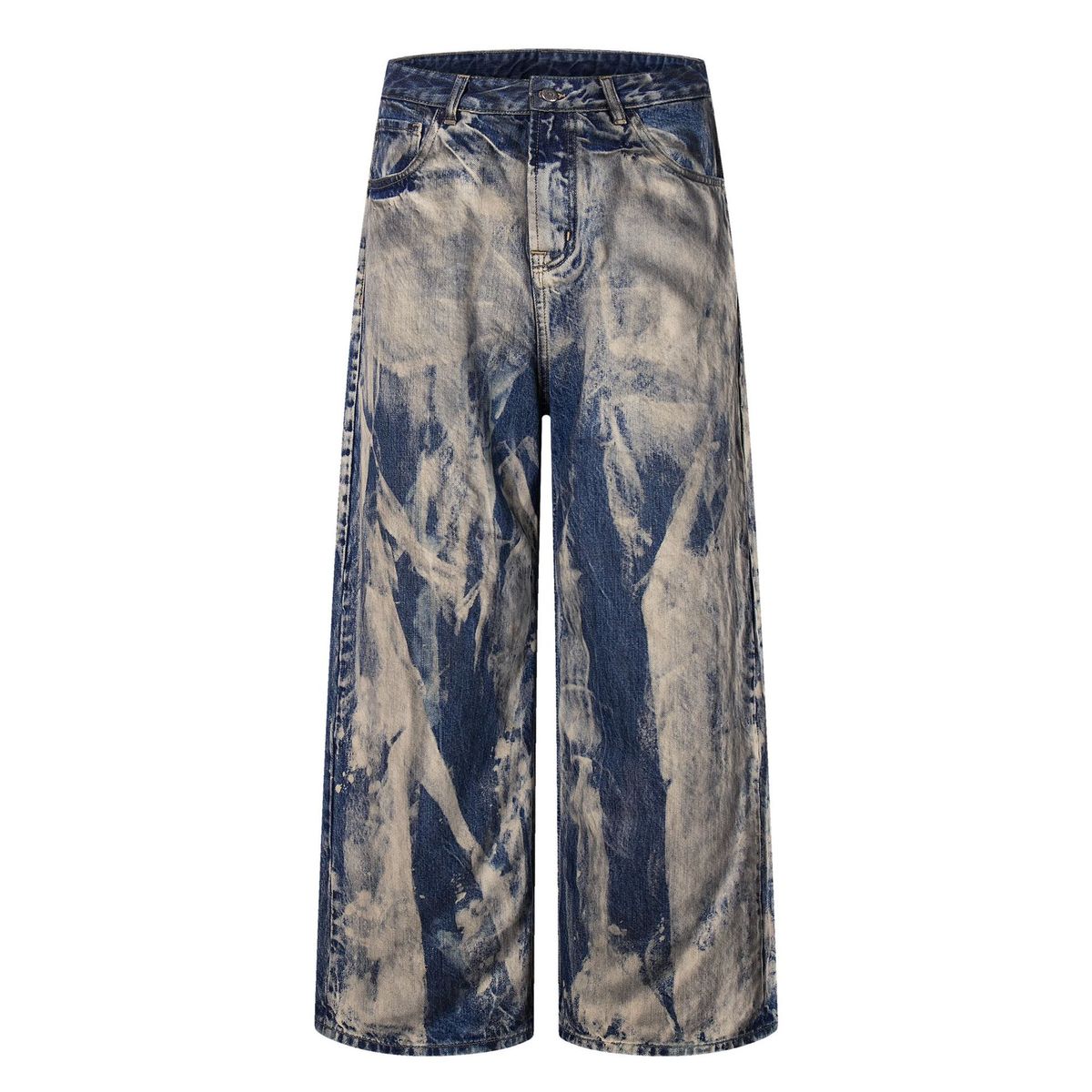 Unisex Oversized Streetwear Jeans Distressed Washed Denim Pants with Splatter Paint Effect Loose Fit Zip Fly Blue 100% Cotton_viptrois.com