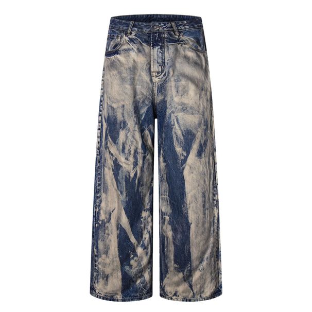 Unisex Oversized Streetwear Jeans Distressed Washed Denim Pants with Splatter Paint Effect Loose Fit Zip Fly Blue 100% Cotton_viptrois.com