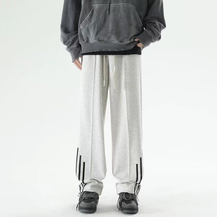 Men's Spring Loose Fit Straight Leg Sweatpants Versatile Casual Long Pants with Three Stripes American Style for Men_viptrois.com