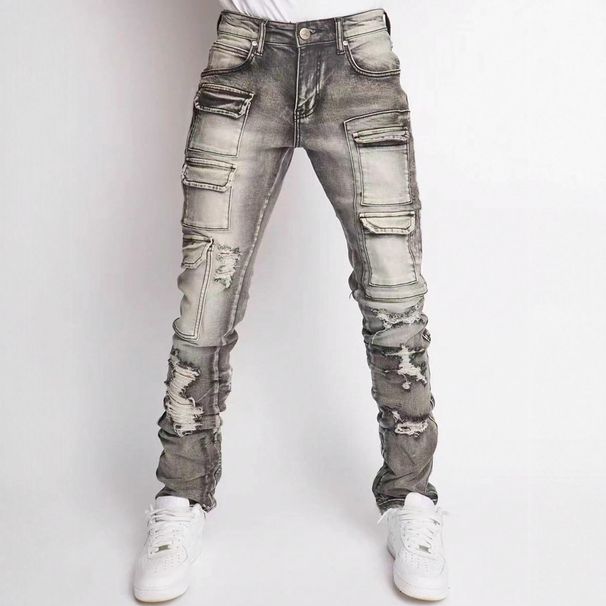 Cross-Border New Men's European And American Street Fashion Ins Hot Elastic Patch Denim Straight Pants_viptrois.com