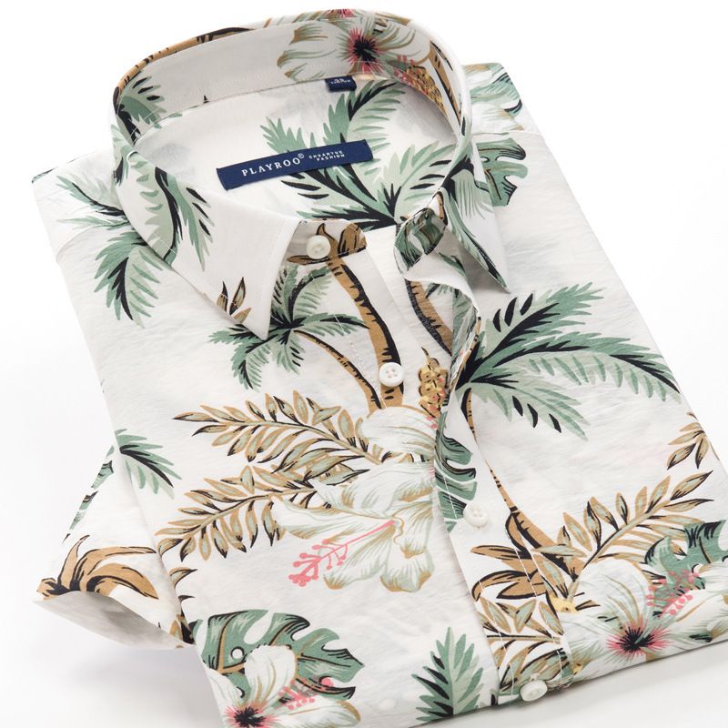 Men's Clothing Beach Flower Short Sleeved Shirt Men's Cotton Breathable Comfortable Plus Size Loose Summer Shirt_viptrois.com