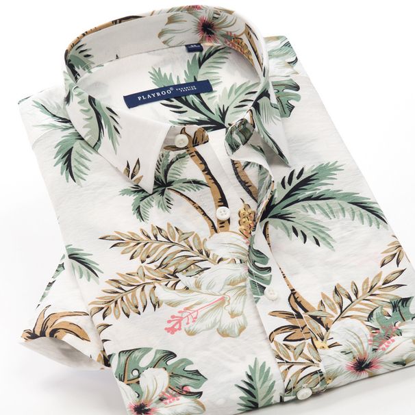 Men's Clothing Beach Flower Short Sleeved Shirt Men's Cotton Breathable Comfortable Plus Size Loose Summer Shirt_viptrois.com