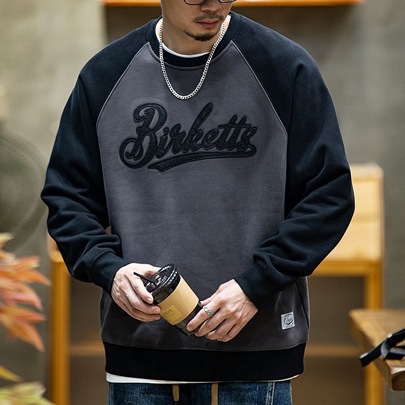 American Contrasting Color Splicing Crew Neck Fleece Sweater Men's Autumn And Winter Trendy Brand Loose Casual Plus Fat Plus Size Long-sleeved Top_viptrois.com