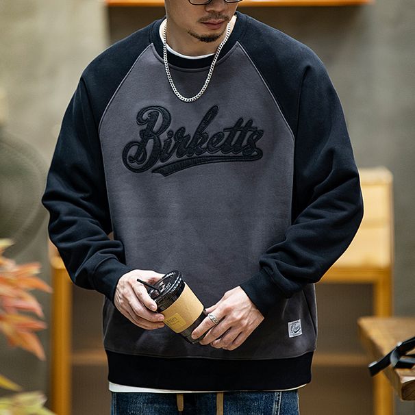 American Contrasting Color Splicing Crew Neck Fleece Sweater Men's Autumn And Winter Trendy Brand Loose Casual Plus Fat Plus Size Long-sleeved Top_viptrois.com