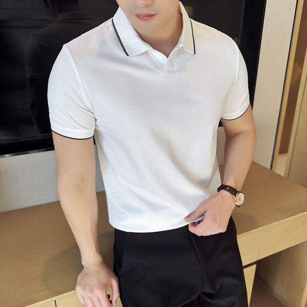 Summer Mercerized Pearl Cotton Lapel Collar Short-sleeved Polo Shirt Men's Business Light Luxury Solid Color Casual Top V-neck T-shirt Tide_viptrois.com