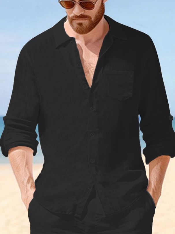 Men's Clothing Men's Linen-Blend Long Sleeve Shirt – Relaxed Casual Button-Up With Breathable Fabric, Solid Color Beach & Urban Wear_viptrois.com