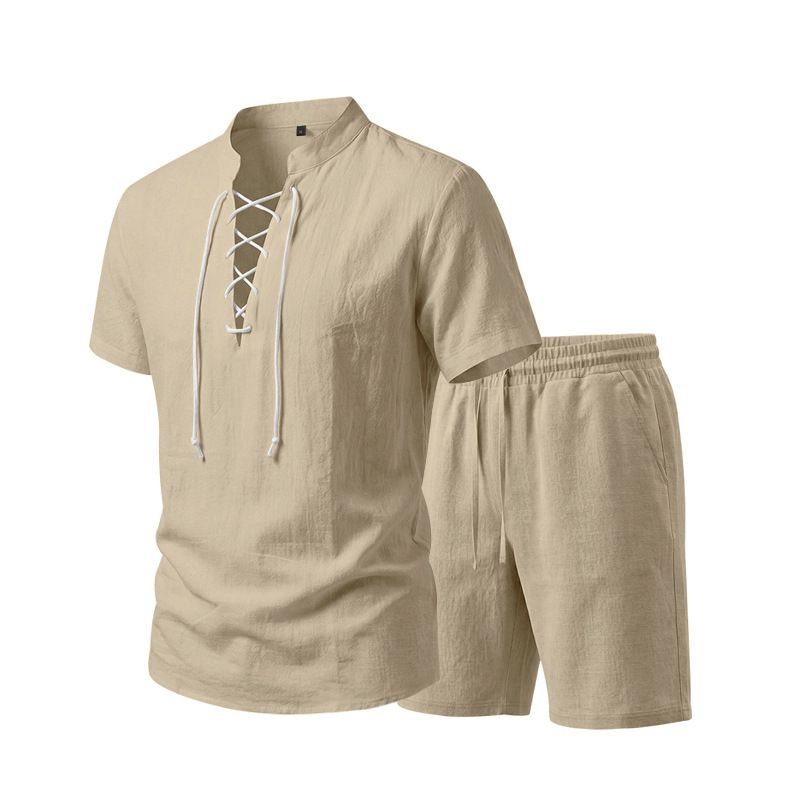Men's Linen-Blend Short Sleeve Polo Shirt And Shorts Set Relaxed Fit Vacation Outfit Premium Fabric_viptrois.com