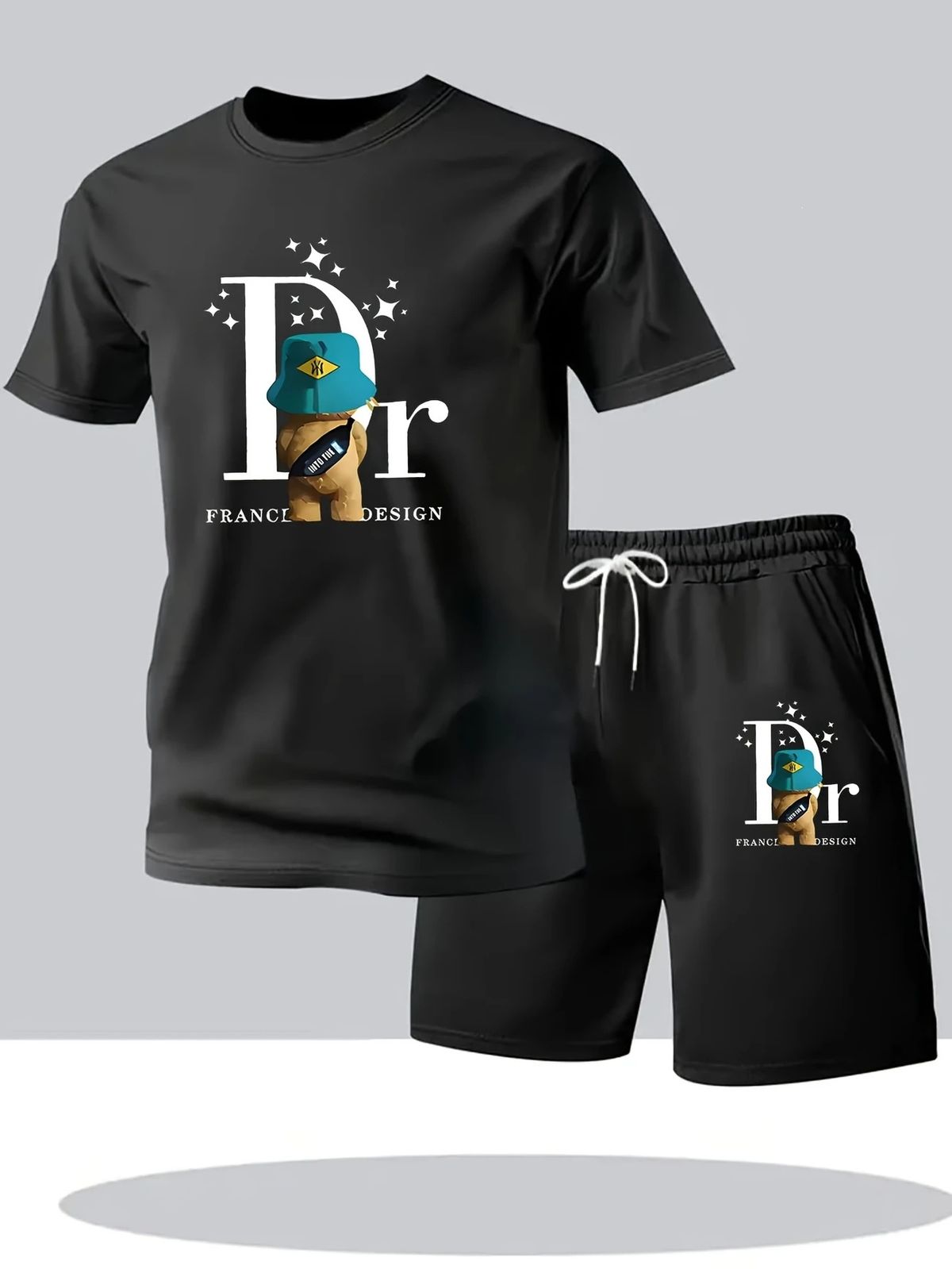 Men's Casual Fashionable Trendy Set T-Shirt Short Sleeved Shirt Shorts Plant Mesh Two Piece Set 2025 Simple_viptrois.com
