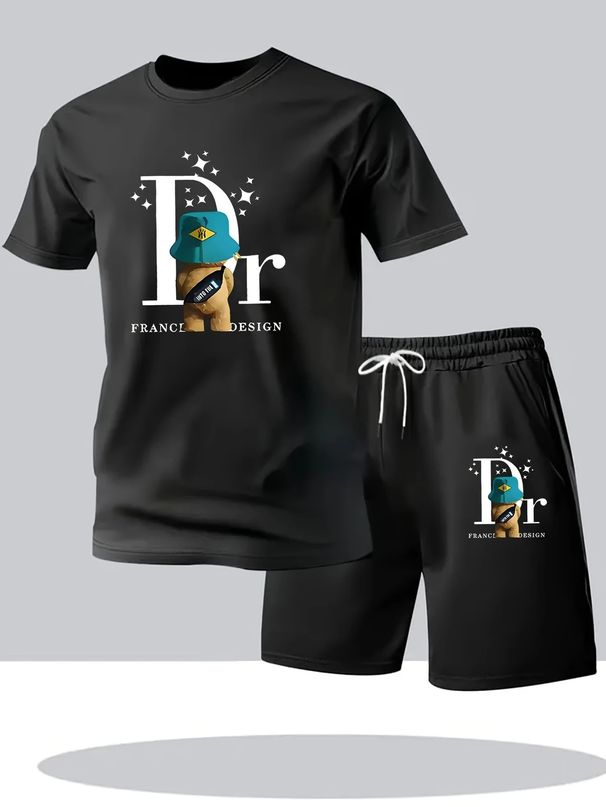 Men's Casual Fashionable Trendy Set T-Shirt Short Sleeved Shirt Shorts Plant Mesh Two Piece Set 2025 Simple_viptrois.com