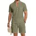 Men's Summer Casual Linen Shorts Suit Henry Style Loose Breathable Outdoor Workwear Sports Set_viptrois.com