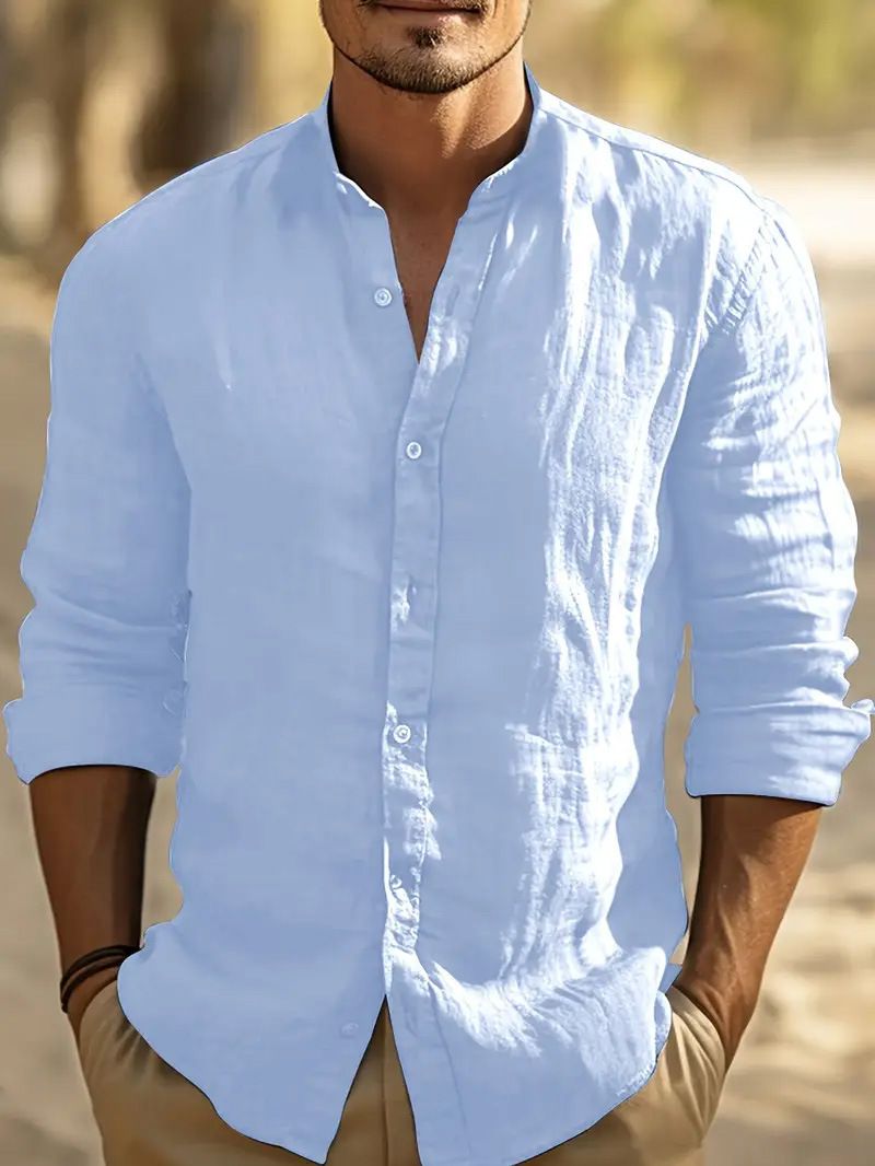 Men's Clothing Long Sleeved Light Mature Casual Solid Color Stand Up Collar Button Down Casual Shirt_viptrois.com