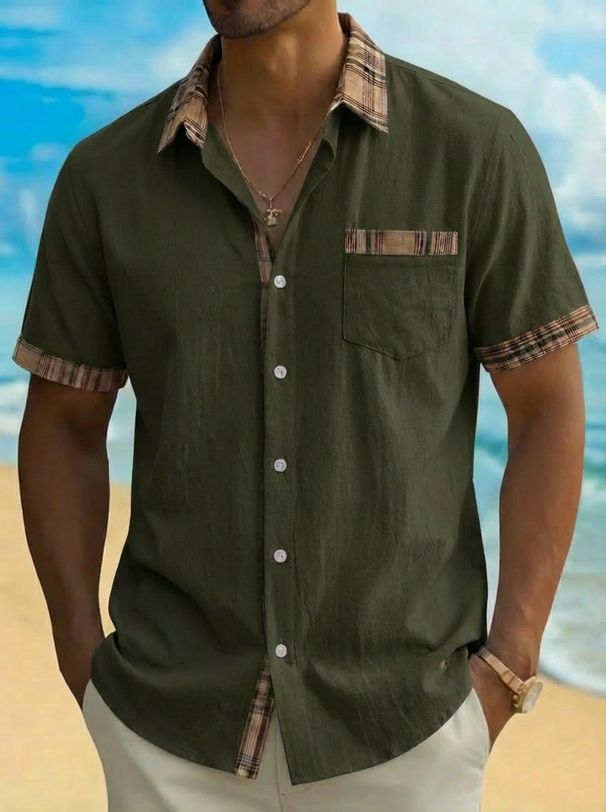 Men's Casual Sports Shirt Short Sleeved Color Blocked Collared T-Shirt American Style_viptrois.com