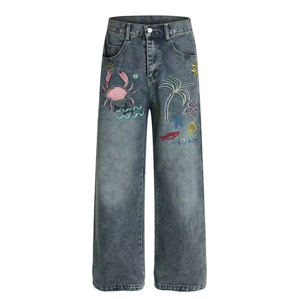 American High Street Design Embroidered Washed Denim Men's Loose Wide Leg Punk Frayed Vintage Straight Pants_viptrois.com