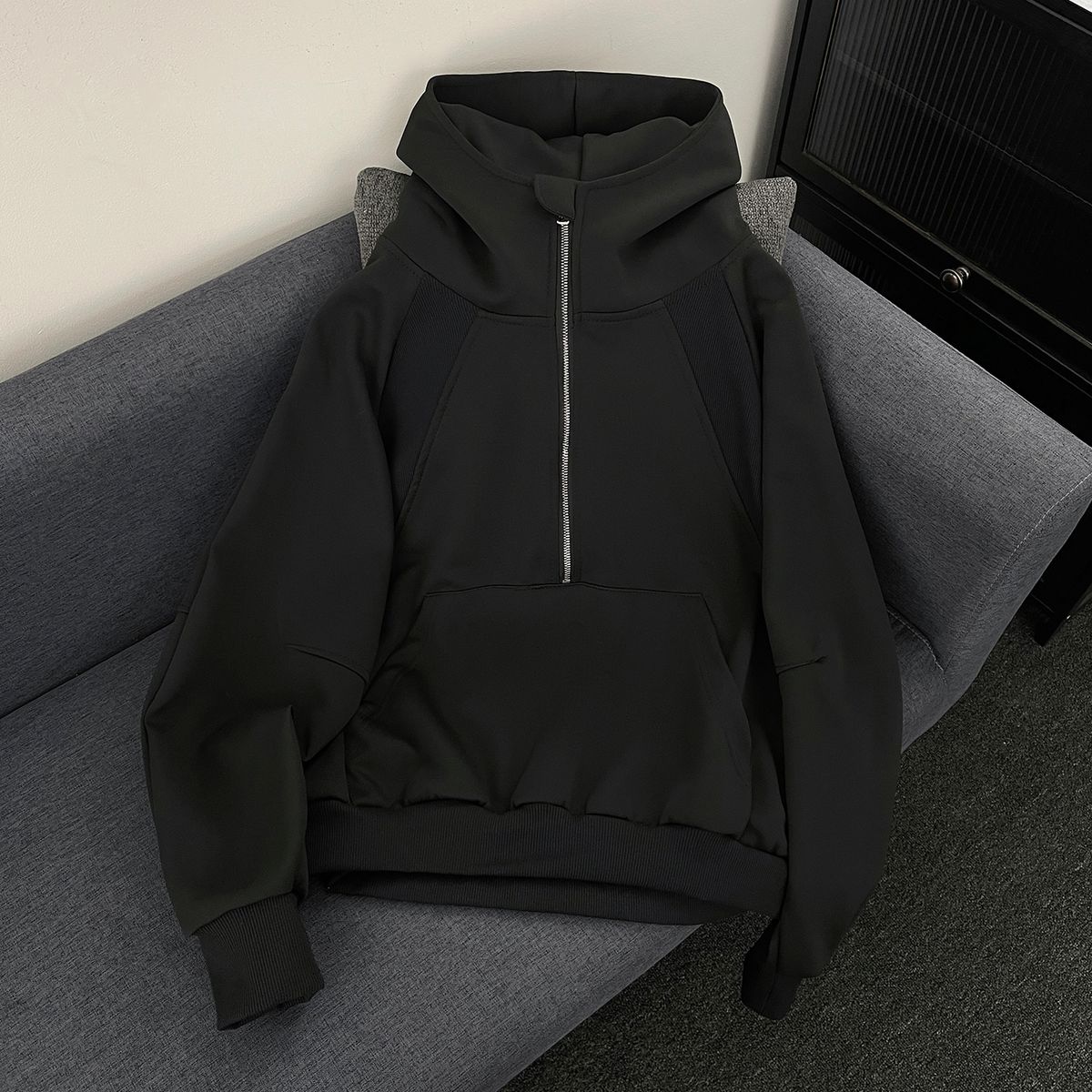 Men's Half-Zip Hooded Sweatshirt Retro Streetwear Pullover Loose Fit Vintage Style Casual Jacket_viptrois.com