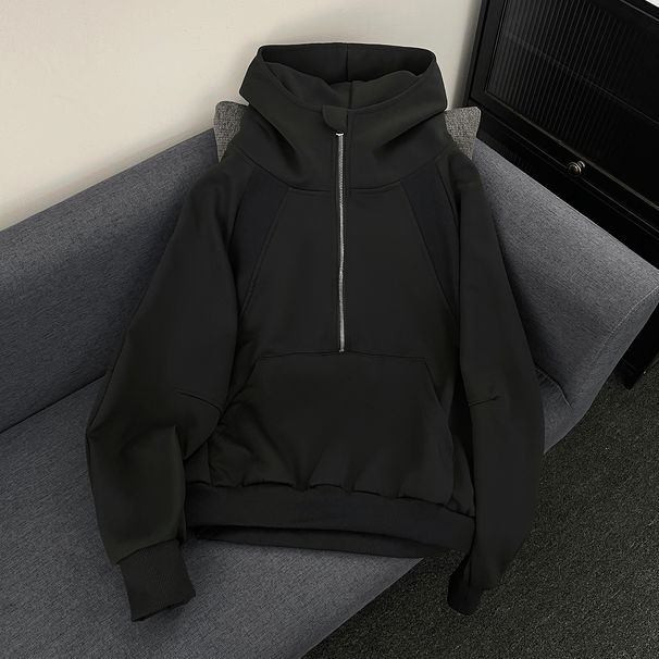 Men's Half-Zip Hooded Sweatshirt Retro Streetwear Pullover Loose Fit Vintage Style Casual Jacket_viptrois.com