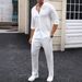Men's Linen Monk Collar Short Sleeved Shirt And Trousers Set Solid Color Casual Versatile Spring Summer_viptrois.com