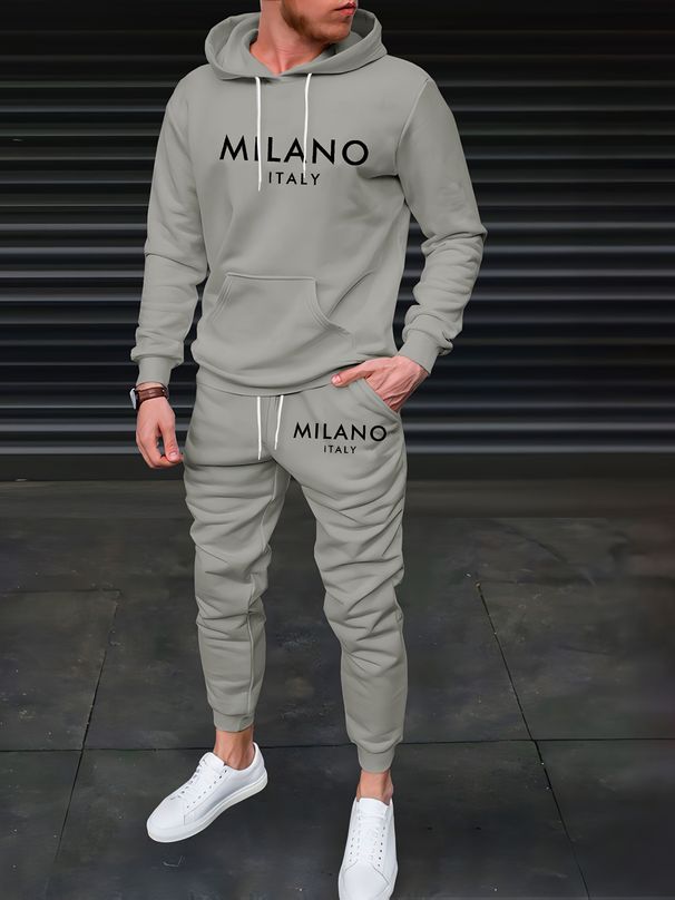 Men's Autumn And Winter Casual Fashion MILANO ITALY Pattern Printed Loose Plush Thick Hooded Sweatshirt+sweatpants Set_viptrois.com