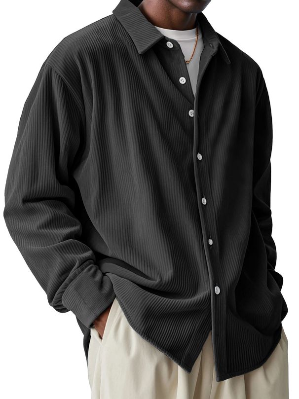 Men's Cross-border European Corduroy Shirt Loose Trend Long Sleeve Solid Color Lapel Simple Casual_viptrois.com