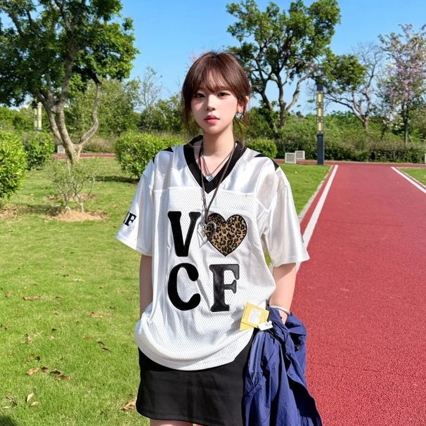 American-style T-shirt For Men And Women, Summer Leopard Print Heart Jersey, Short-sleeved, Loose, Casual, Quick-drying,_viptrois.com