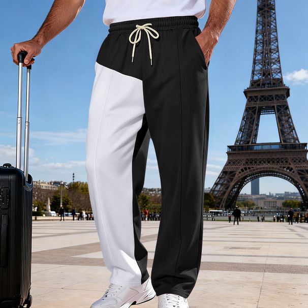 Men's Casual Straight Fit Pants - Autumn Streetwear With Color Block Design, Comfortable & Stylish For Work & Leisure_viptrois.com