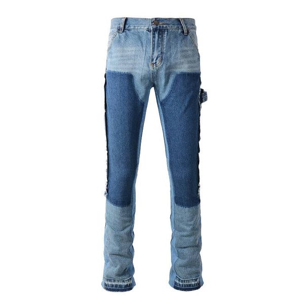 Men's Clothing men's patchwork contrast color distressed slightly flared washed jeans flared jeans_viptrois.com