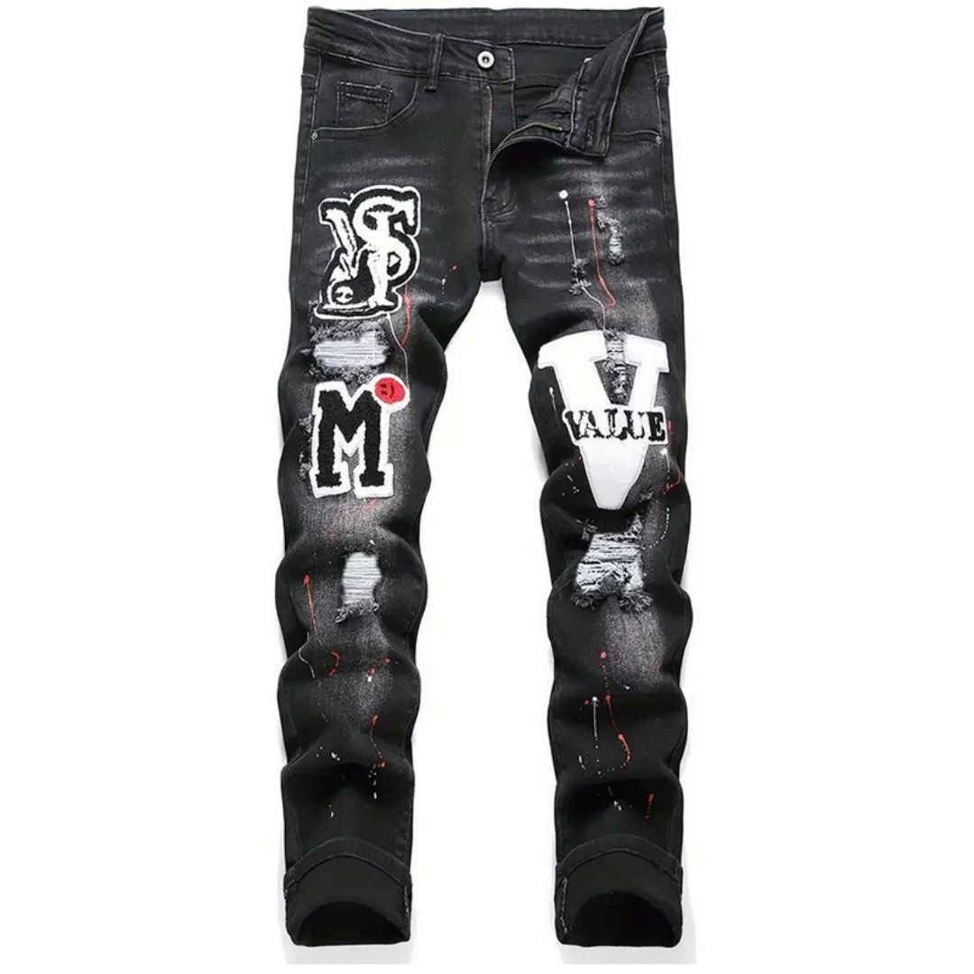 Autumn New Trendy Men's Jeans Printed Slim Fit Elastic Small Leg Mid Waist Pants_viptrois.com