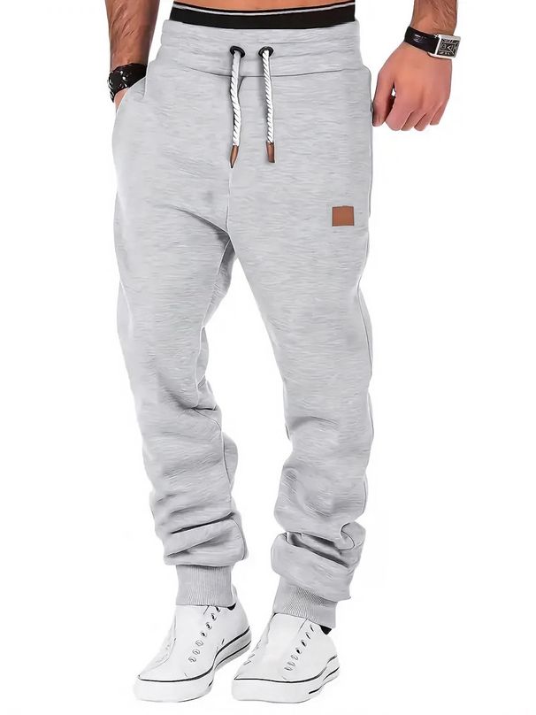 Men's Casual Jogger Pants With Leather Label - Polyester Fleece-Lined Sweatpants For Winter, Elastic Cuffs, Relaxed Fit, Solid Color_viptrois.com