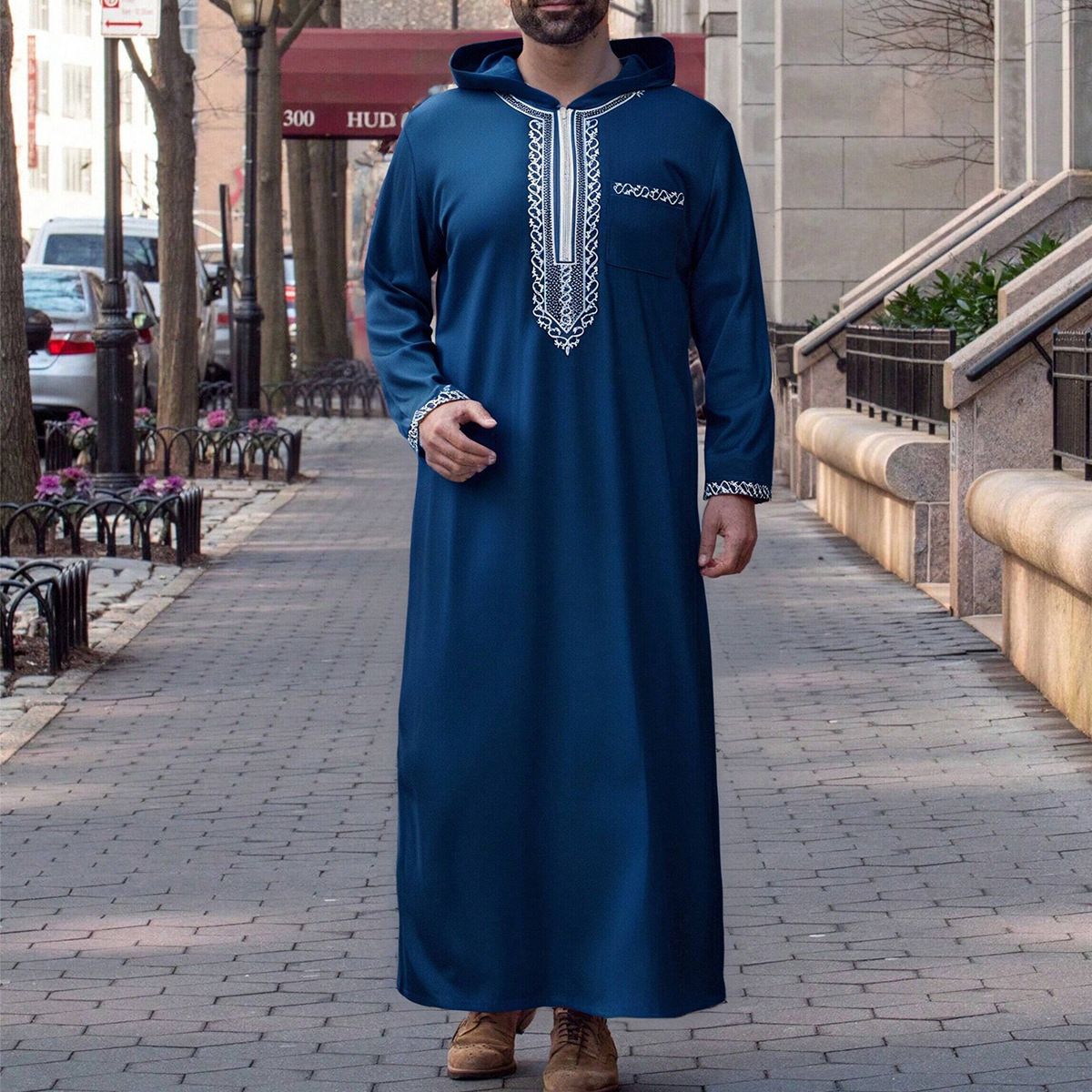 Men's Clothing Robe Long Sleeve Embroidery Hooded Zipper Islamic Loose Casual Men's Robe_viptrois.com