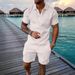 Men's Summer Casual Beach Set With 3D Digital Print & Button Detail – Short Sleeve Knit Top & Shorts – Lightweight Polyester Blend (S-XXXL, )_viptrois.com