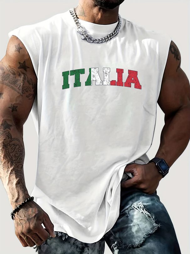 100% Pure Cotton Men's Summer Casual Sports Fitness Loose ITALIA Letter Pattern Printed Breathable Round Neck Sleeveless Vest_viptrois.com