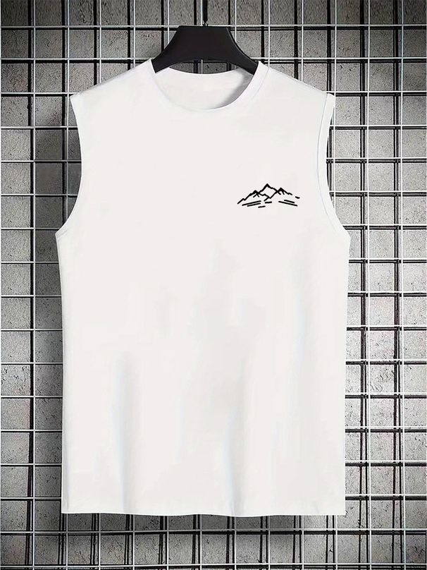 100% Pure Cotton Men's Summer Casual Sports Fitness Loose And Simple Mountain Pattern Printed Breathable Round Neck Sleeveless Vest_viptrois.com