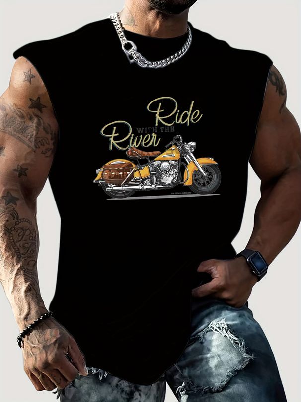 100% Pure Cotton Men's Summer Leisure Sports Fitness Loose Retro Motorcycle Pattern Printed Breathable Round Neck Sleeveless Vest_viptrois.com