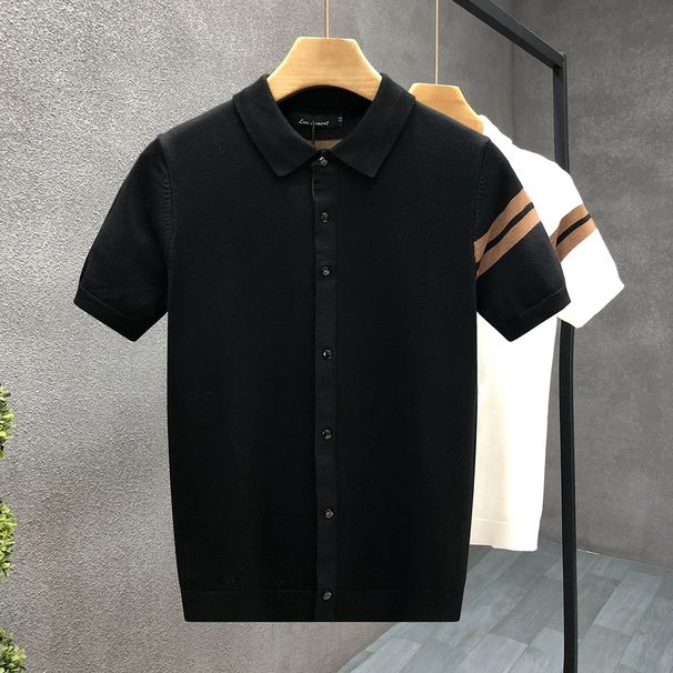 Men's Clothing New High End Light Luxury Knitted Short Sleeved T Shirt Men's Shirt Handsome Slim Fit All Match Shirt Lapel_viptrois.com
