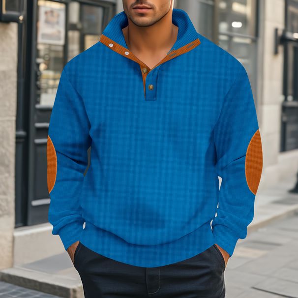 Autumn New Waffle American Stand Up Collar Button Color Matching Elbow Men's Pullover Sweatshirt Long Sleeve_viptrois.com