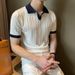 Men's Clothing Breathable Color Matching Light Mature Trendy Shirt V Lapel Elastic Jacquard Texture Slim Short Sleeve Knit_viptrois.com
