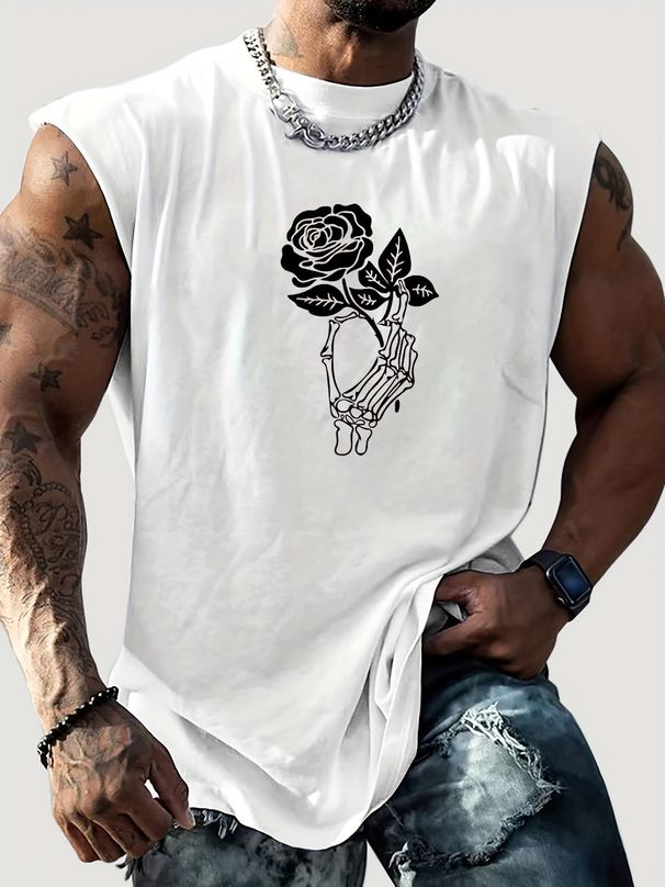 100% Pure Cotton Men's Summer Casual Sports Fitness Loose Skeleton Hand Rose Pattern Printed Breathable Round Neck Sleeveless Vest_viptrois.com
