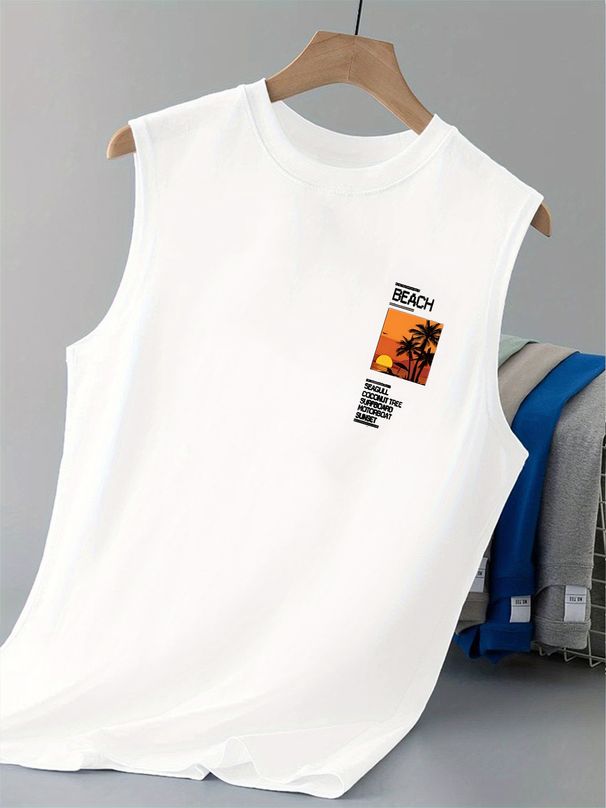 100% Pure Cotton Men's Summer Leisure Sports Fitness Loose Coconut Tree And Slogan Pattern Printed Breathable Round Neck Sleeveless Vest_viptrois.com