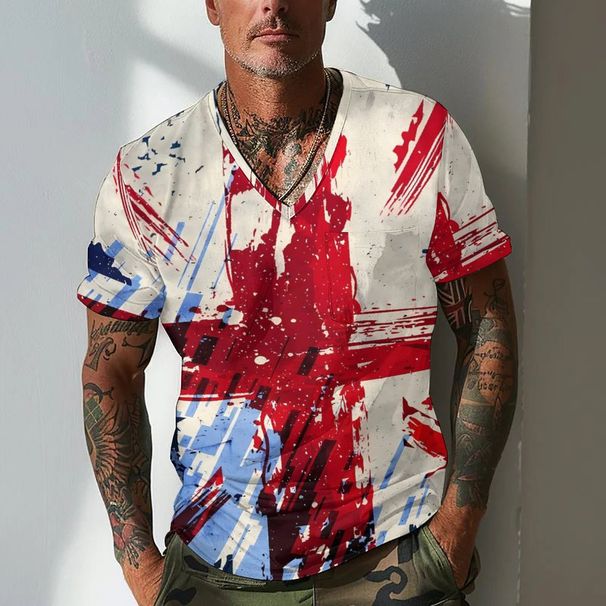 Independent Station Men's T-Shirt Cross-border Top European And American Foreign Trade Men's Clothing V-Neck Technology Printing Casual T-Shirt Short_viptrois.com