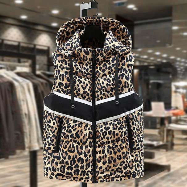 Fashionable down leopard print vest, winter thick new style, warm and trendy casual camisole, youth outerwear hooded_viptrois.com