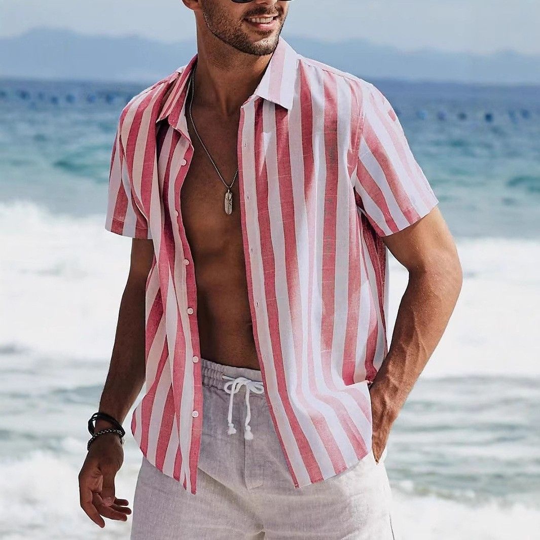 Men's Summer Casual Fashion Short Sleeved Striped Formal Beach Vacation Shirt_viptrois.com