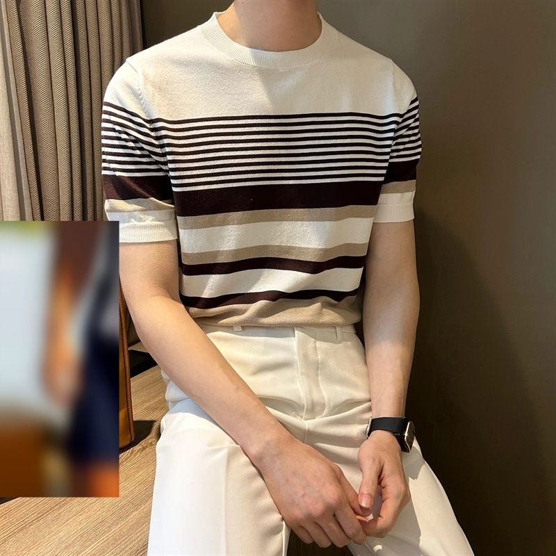Striped Short Sleeved Sweater For Men, Light Mature British Business Style, Slim Fit, Handsome Summer Ice Silk Fashion Brand,_viptrois.com